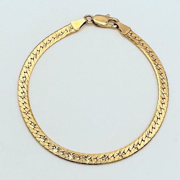 Vintage Jewelry - Vintage Italian Sterling Silver Gold Diamond-Cut Star Herringbone Bracelet